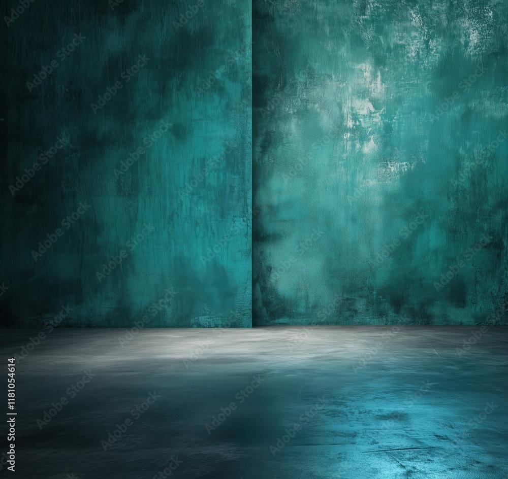 Poster textured teal wall with dramatic lighting creating a serene atmosphere in an empty space, copy space