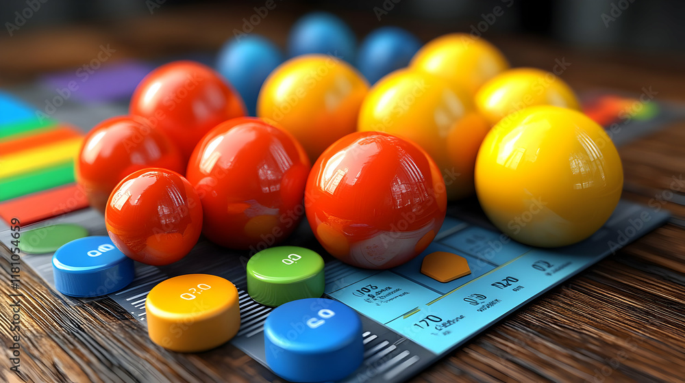 Poster colorful spheres and cylinders arranged on a chart indicate data analysis results accurately