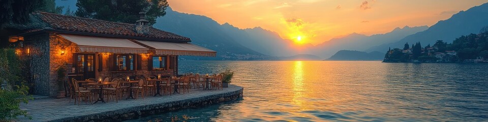 Obraz premium Lakeside Restaurant Sunset Panorama: Serene Evening at a Mountain Lake
