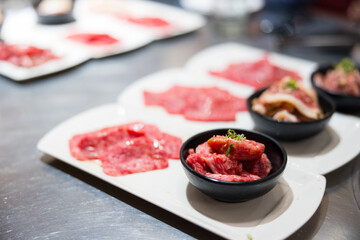 Japanese yakiniku barbecue with fresh meat slices