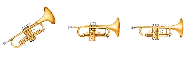 Obraz premium Civil war rebellion concept. Three golden trumpets lined up in a row.