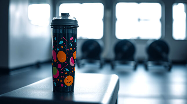 A vibrant, patterned water bottle on a gym bench, depicting an active and stylish fitness environment emphasizing hydration and fitness routines inside a modern, well-lit gym interior.