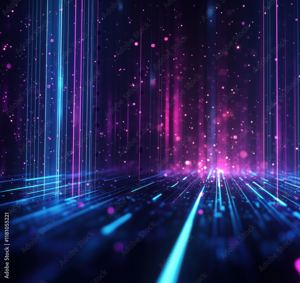 Poster abstract digital background with glowing lines and particles, vibrant blue and pink colors creating 