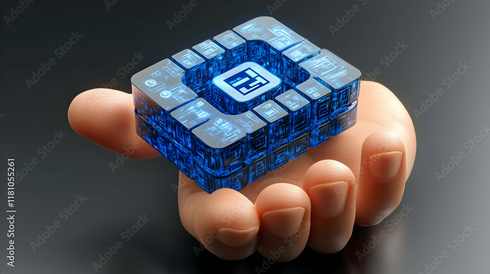 Poster hand holds futuristic glowing cube with circuitry design, symbolizing technological innovation in 3d