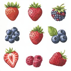 Colorful Collection of Hand-Drawn Berries on White Background