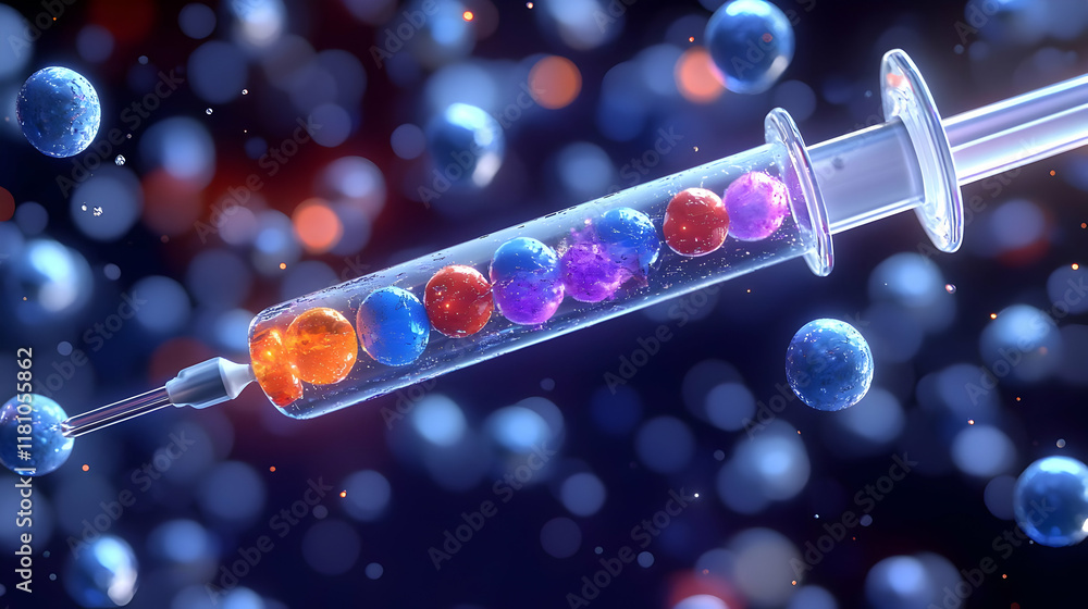 Aufkleber 3d render of syringe filled with colorful spheres on a blurred bokeh background