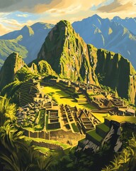 A vibrant illustration of Machu Picchu amid lush mountains.