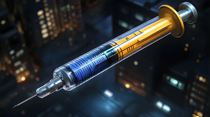 3D Rendered Syringe with Blue Liquid Contains Medicine Floats Above Blurred City Lights at Night