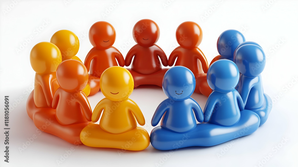 Poster 3d glossy figures form a circle on a white background, symbolizing unity and teamwork.