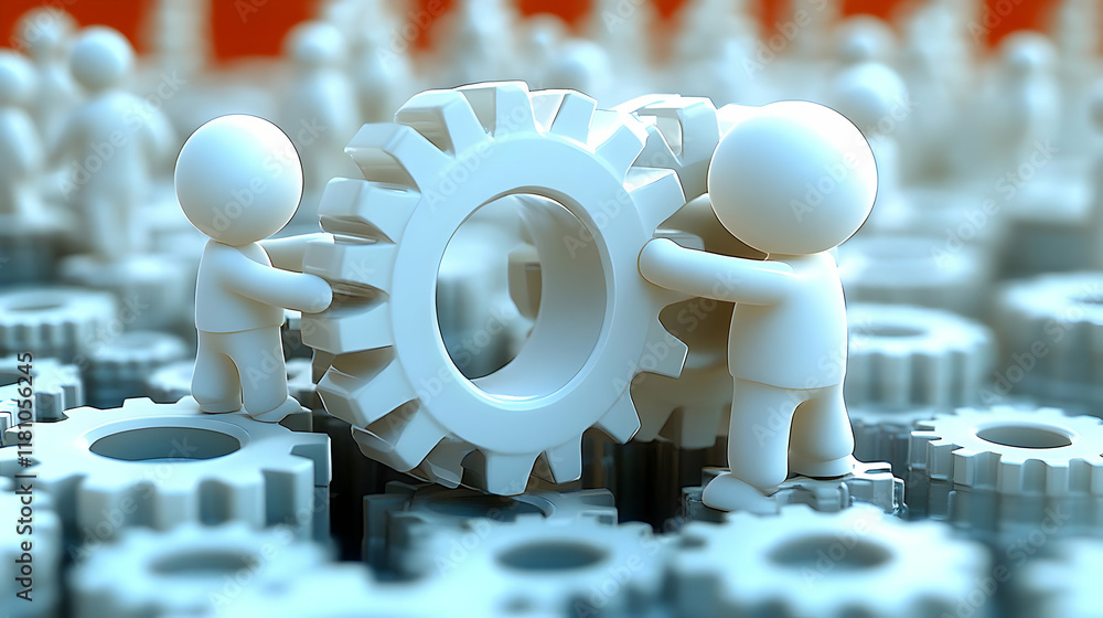 Poster 3d figures collaborate to rotate a large gear within a complex mechanism