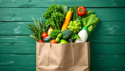 A paper bag overflowing with fresh produce, representing donations to food banks, set against a rustic wooden backdrop