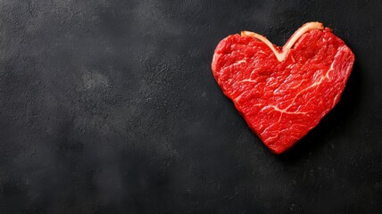 A heart-shaped piece of red meat is placed on a dark background, symbolizing love for food or cooking, love, valentine day.