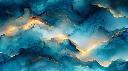 Abstract Blue and Gold Alcohol Ink Background Flows Beautifully with Golden Accents