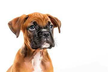 Portrait of a German Boxer Puppy Isolated on a White Background, the Pet Looks at the Camera