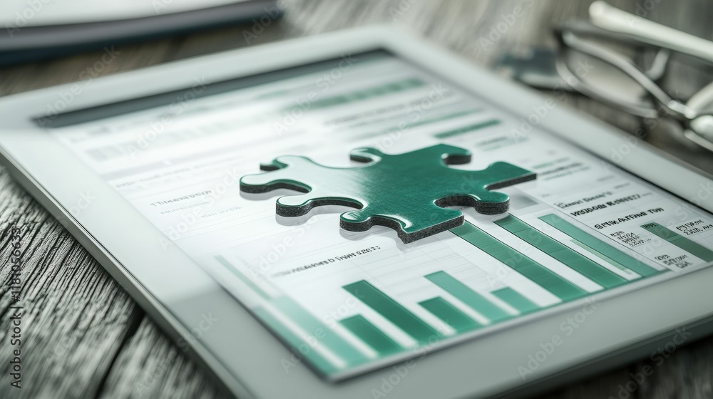 Poster a tablet displaying graphs with a green puzzle piece symbolizes data integration and strategic plann