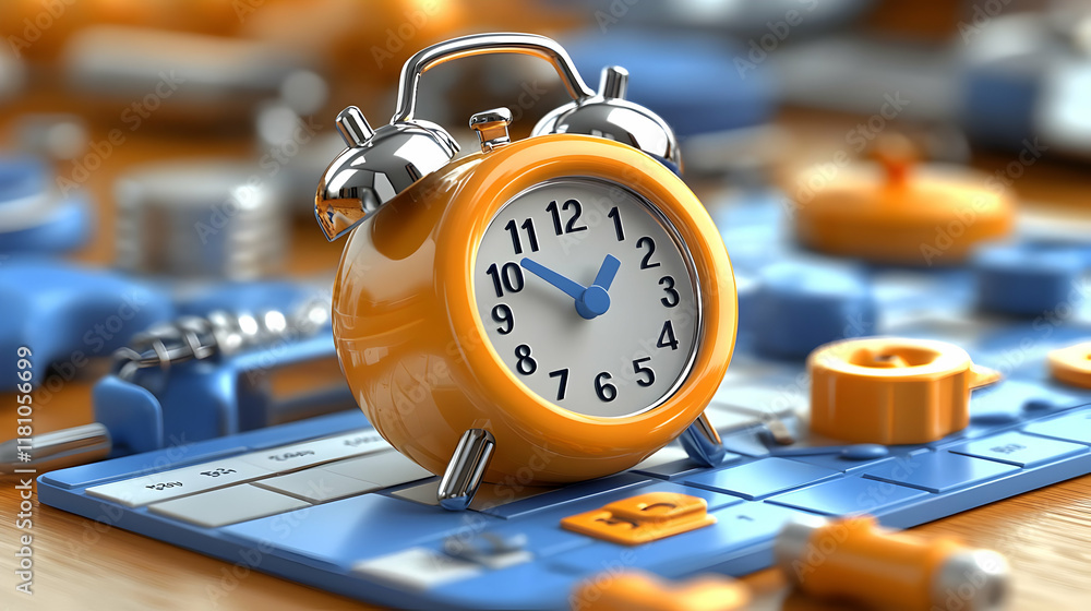 Poster yellow alarm clock sits on a blue keyboard with orange keys and numbers clearly visible.