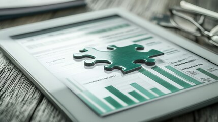 A tablet displaying graphs with a green puzzle piece symbolizes data integration and strategic planning.