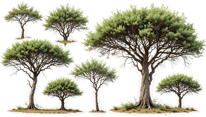 Collection of Isolated African Acacia Trees with Cutout Path for Design and Creative Use