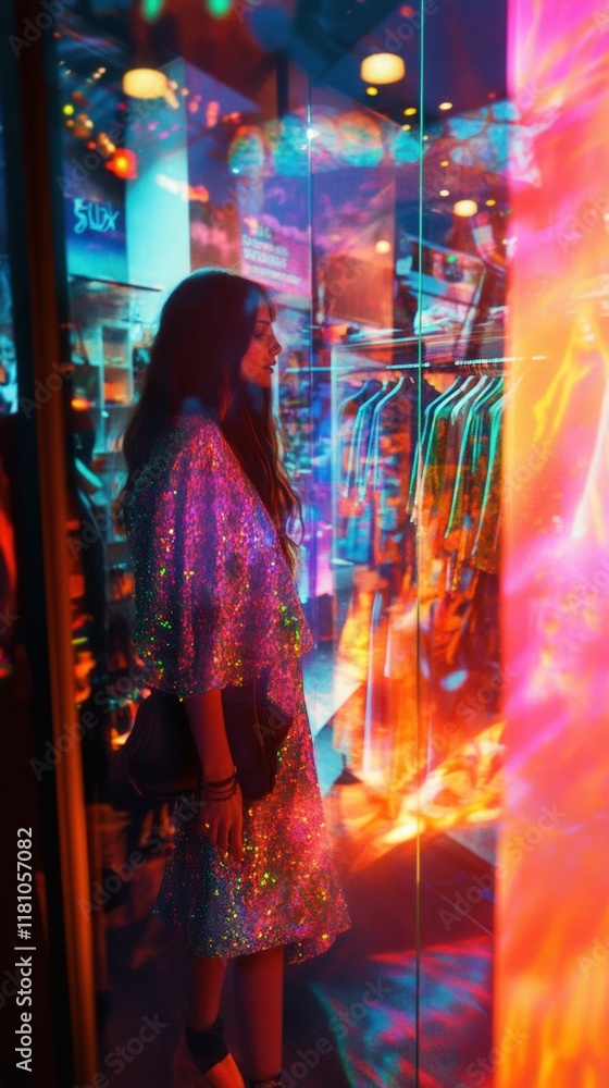 Poster a woman stands in front of a colorful, illuminated display, reflecting vibrant lights and patterns, 