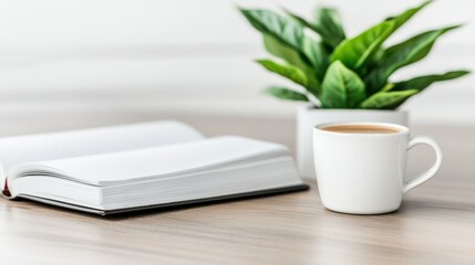 Cozy Reading Nook: Open Book, Coffee Mug, and Plant