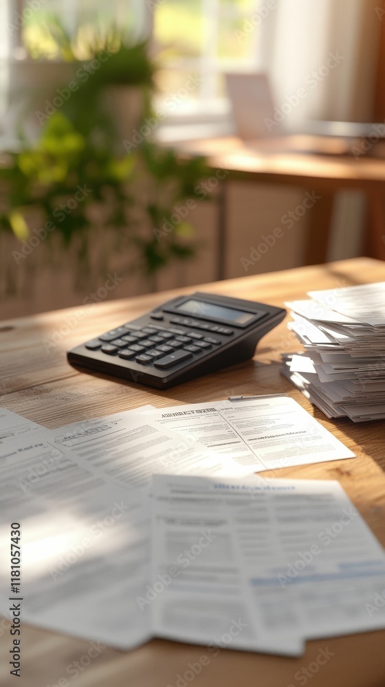 Poster a desk scene featuring a calculator and scattered documents, creating a productive atmosphere for fi