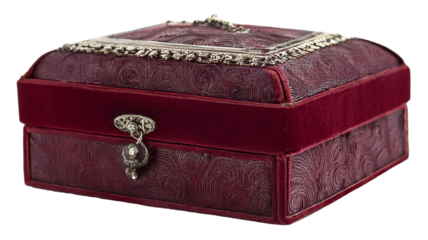 locked jewelry box with gothic ornament pattern in red ruby color isolated on white background