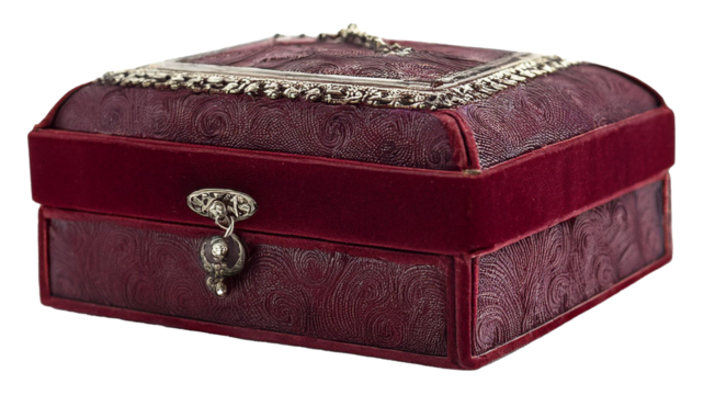 locked jewelry box with gothic ornament pattern in red ruby color isolated on white background