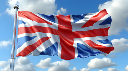 Union Jack Flag Waving Proudly Against a Blue Sky with Fluffy White Clouds