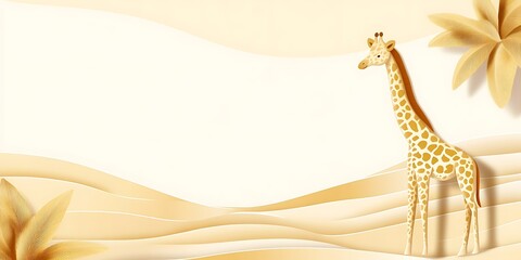 Obraz premium Giraffe in desert landscape, palm leaves background. Safari travel brochure.