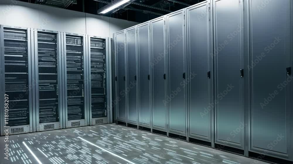 Aufkleber server room showcases sleek technology and storage, with illuminated floor patterns highlighting a h