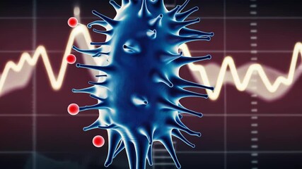 Animated virus graphic with fluctuating data graph, showcasing scientific concepts, likely for educational or informative purposes - Powered by Adobe