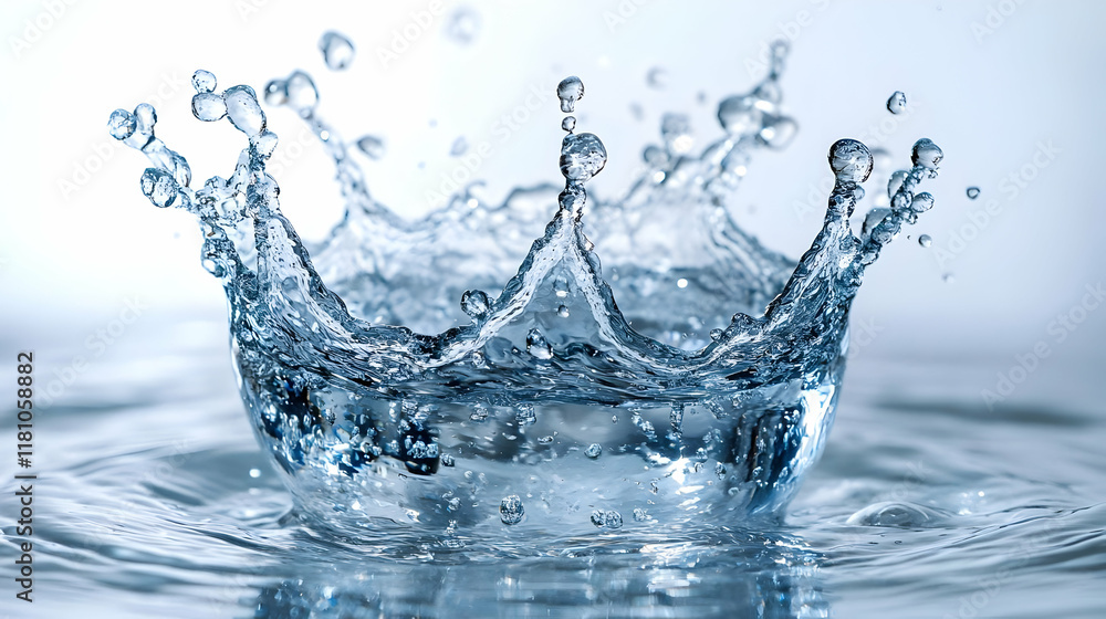 Poster clear water splashing upward creating a crown shape with droplets and ripples beautifully.