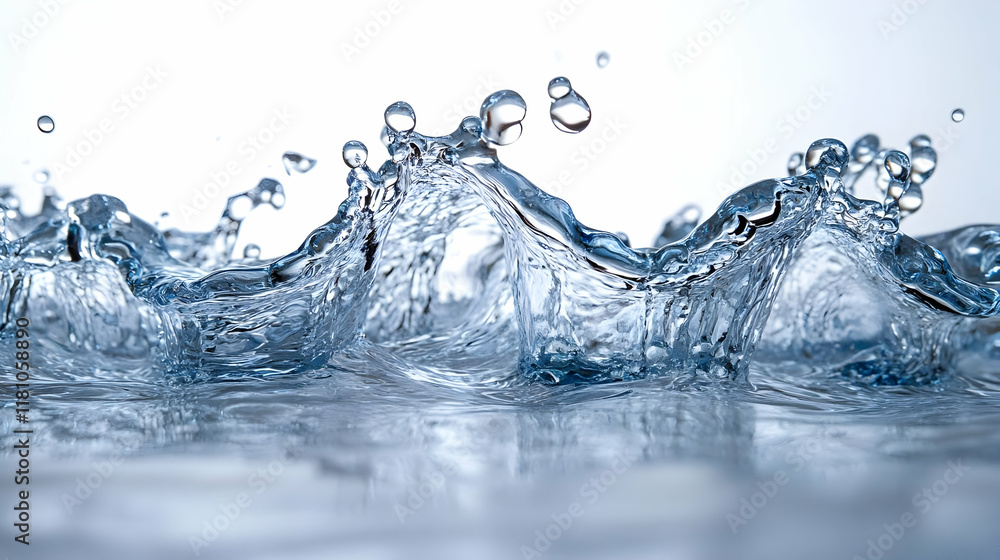 Poster clear water splashes dynamically with droplets and ripples on a white backdrop.