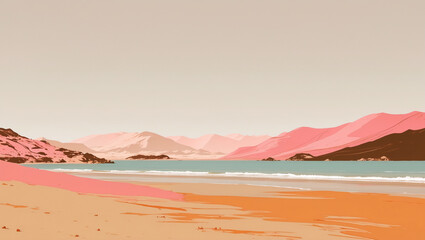 Tranquil beach with gentle waves, soft sand, and mountains in the distance under a clear sky