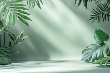 Tropical leaves studio backdrop, sunlight, green, product display