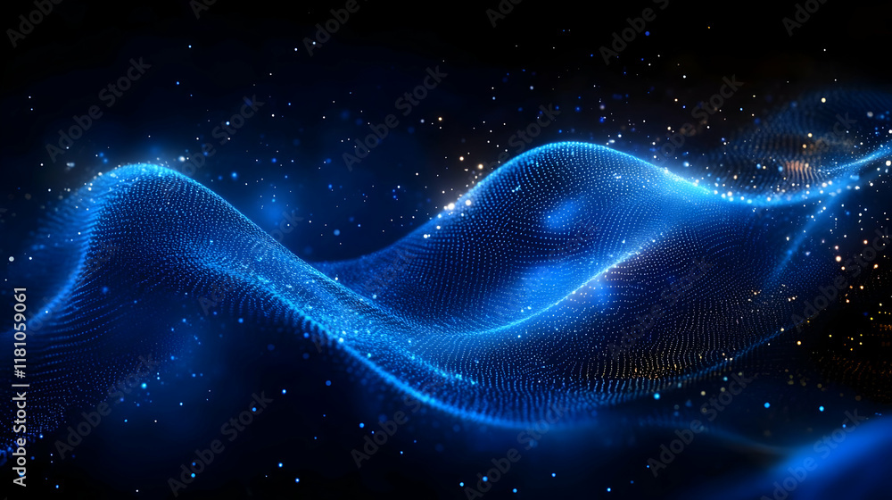 Poster abstract blue wave background flows smoothly with glowing particles dynamically.
