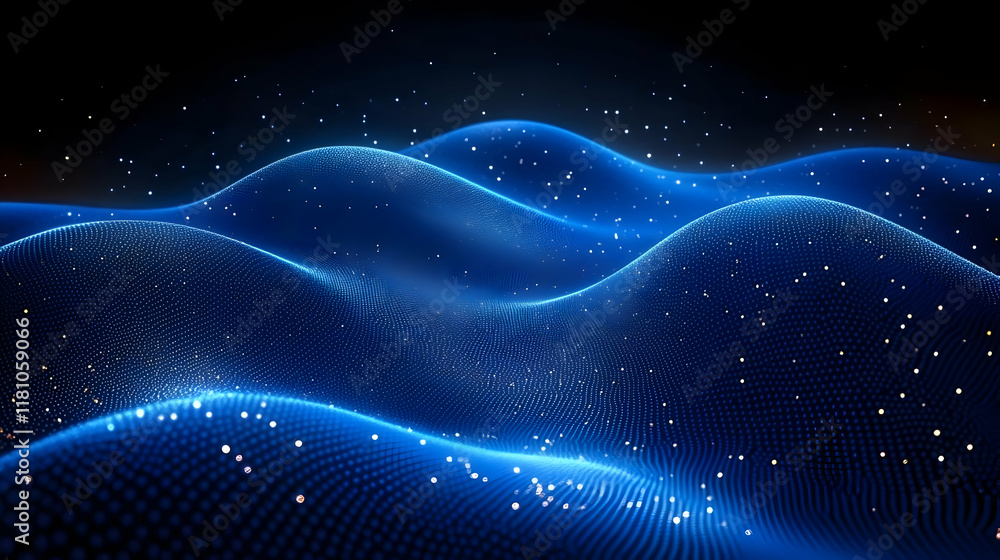 Poster abstract blue wavy background flows smoothly with sparkling particles dynamically