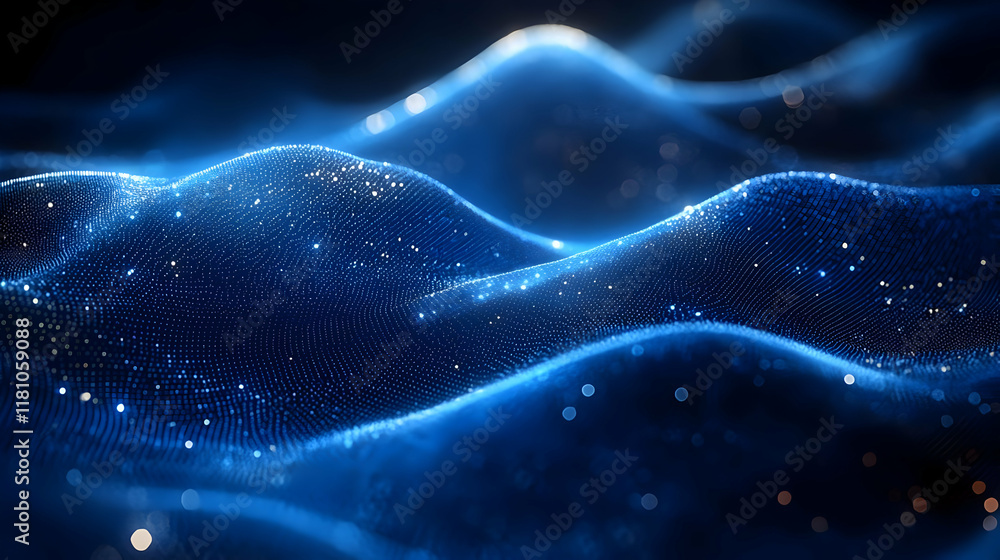 Poster abstract blue particle waves flowing smoothly with glowing lights background