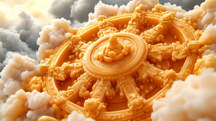 Intricate Golden Wheel with Symbols Rotates amidst Clouds, Symbolizing Harmony and Prosperity.