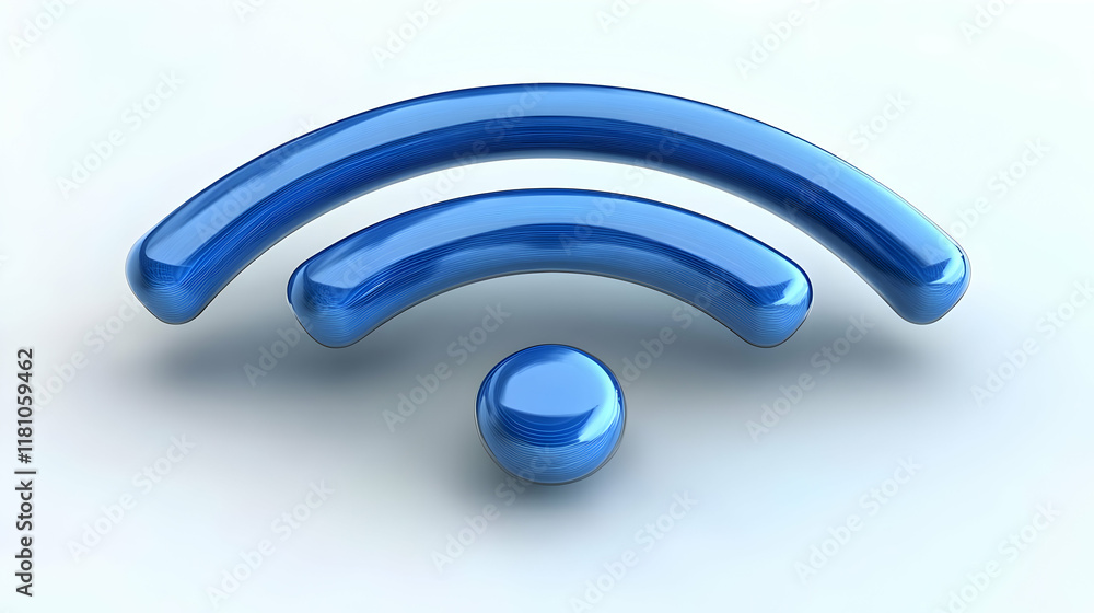 Poster 3D Glossy Blue Wi-Fi Signal Icon Represents Wireless Network Connectivity and Coverage on a Smooth White Surface.