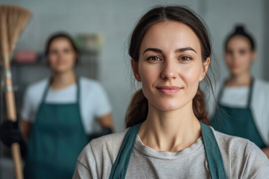 Caucasian female young chef smiling in kitchen with team members in background