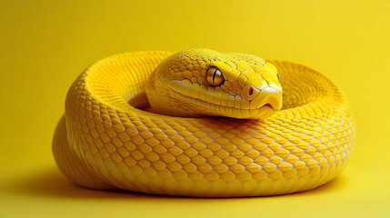 Fototapeta premium Yellow Snake Coiled Tightly, Scales Gleaming Smoothly, on Vibrant Background.