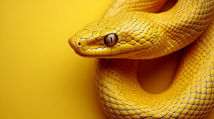 Fototapeta premium Vivid Yellow Snake Coiled Elegantly on a Matching Background Showcasing its Scales.