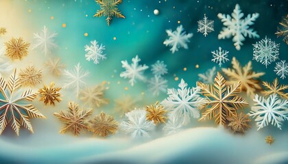 冬の真っ白な雪が積る青緑色と金色の雪の結晶の背景イラスト。aiで生成	
