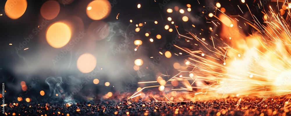 Poster fire abstract background idea. dynamic sparks flying from metalwork with a vibrant bokeh background.