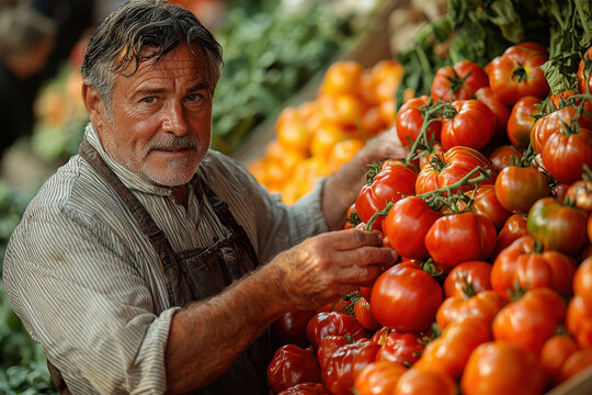 Mature caucasian male vendor arranging fresh tomatoes at market stall