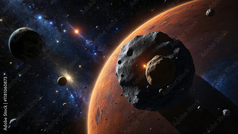 Wall mural asteroids soaring through the vastness of outer space, gracefully navigating past vibrant planets of