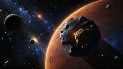 Asteroids soaring through the vastness of outer space, gracefully navigating past vibrant planets of various sizes and colors