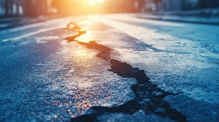 Cracked Road Surface at Sunset