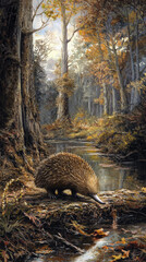 Echidna foraging in serene natural setting with autumn foliage